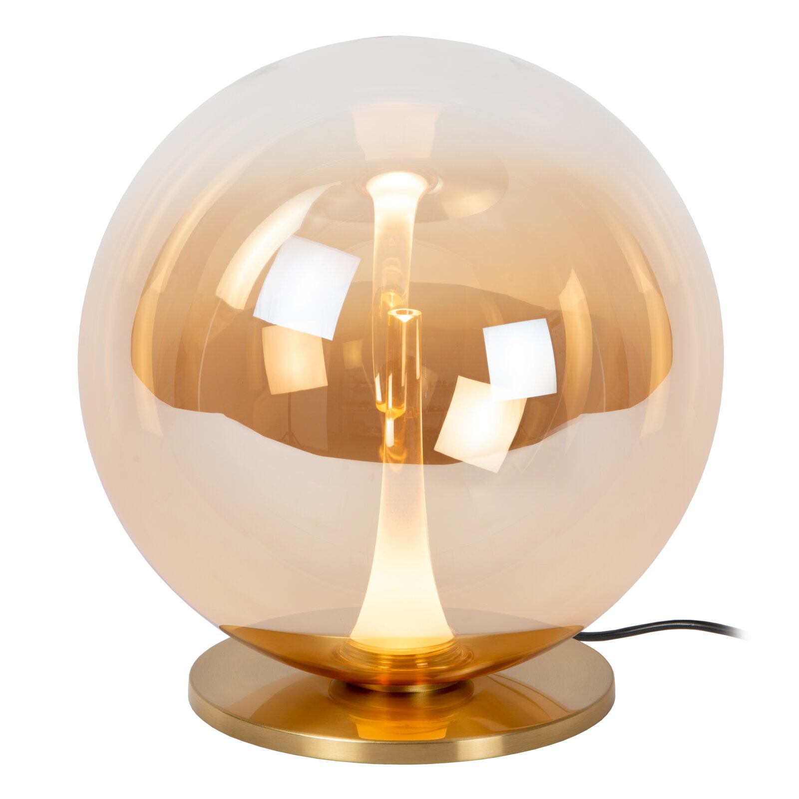 Runde Tischleuchte mit amberfarben getöntem Glasdom und goldfarbenem Sockel, leuchtendem Filament und sichtbarem Kabel, frontale Produktansicht