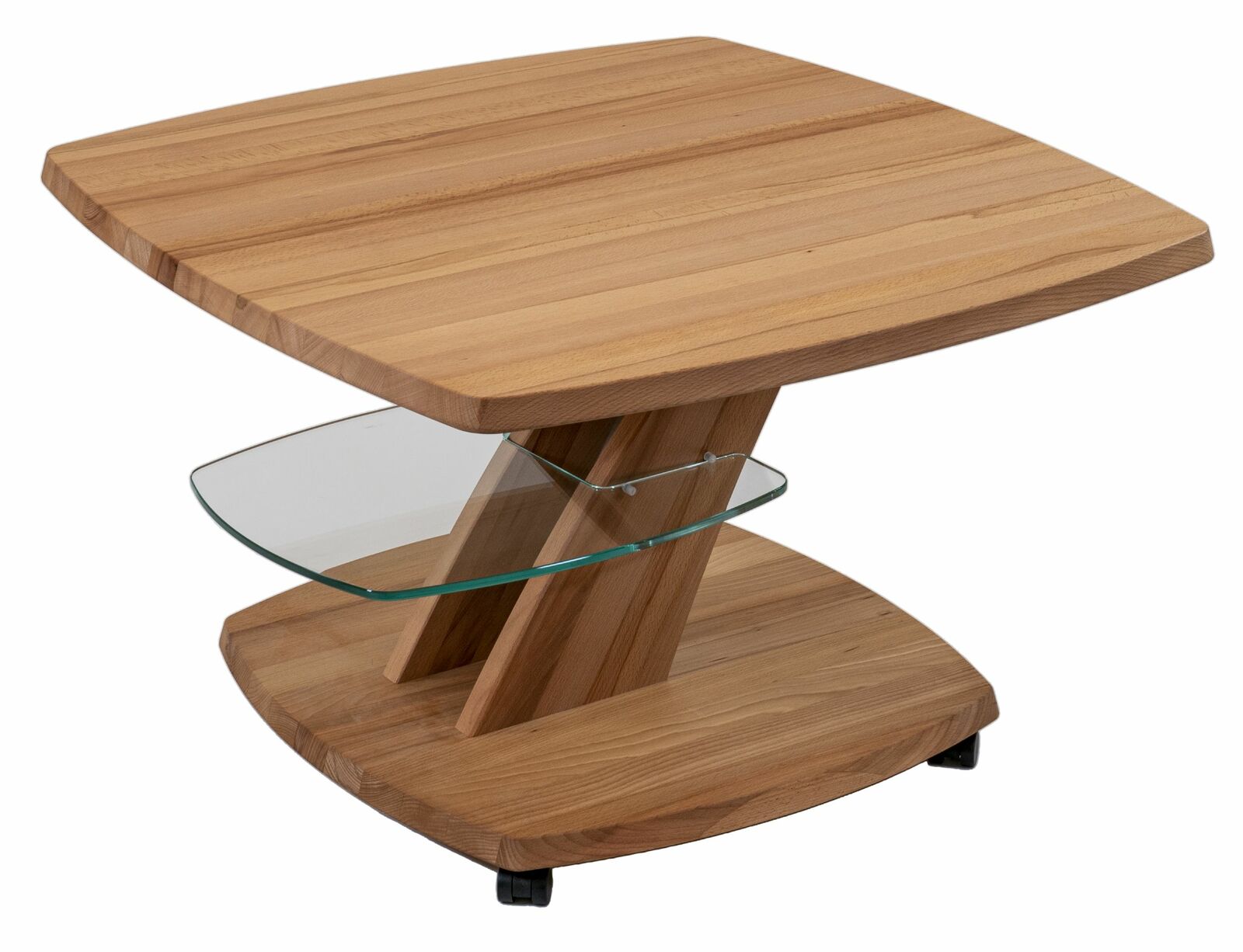 Moderner Couchtisch aus Holz mit Glasablage, seitliche Perspektive