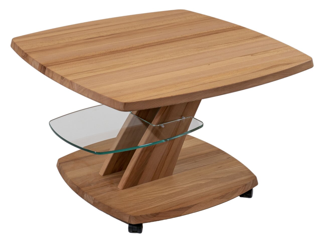 Moderner Couchtisch aus Holz mit Glasablage, seitliche Perspektive