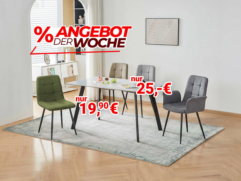 Moderner Esstisch mit vier Stühlen auf Teppich, Angebot der Woche