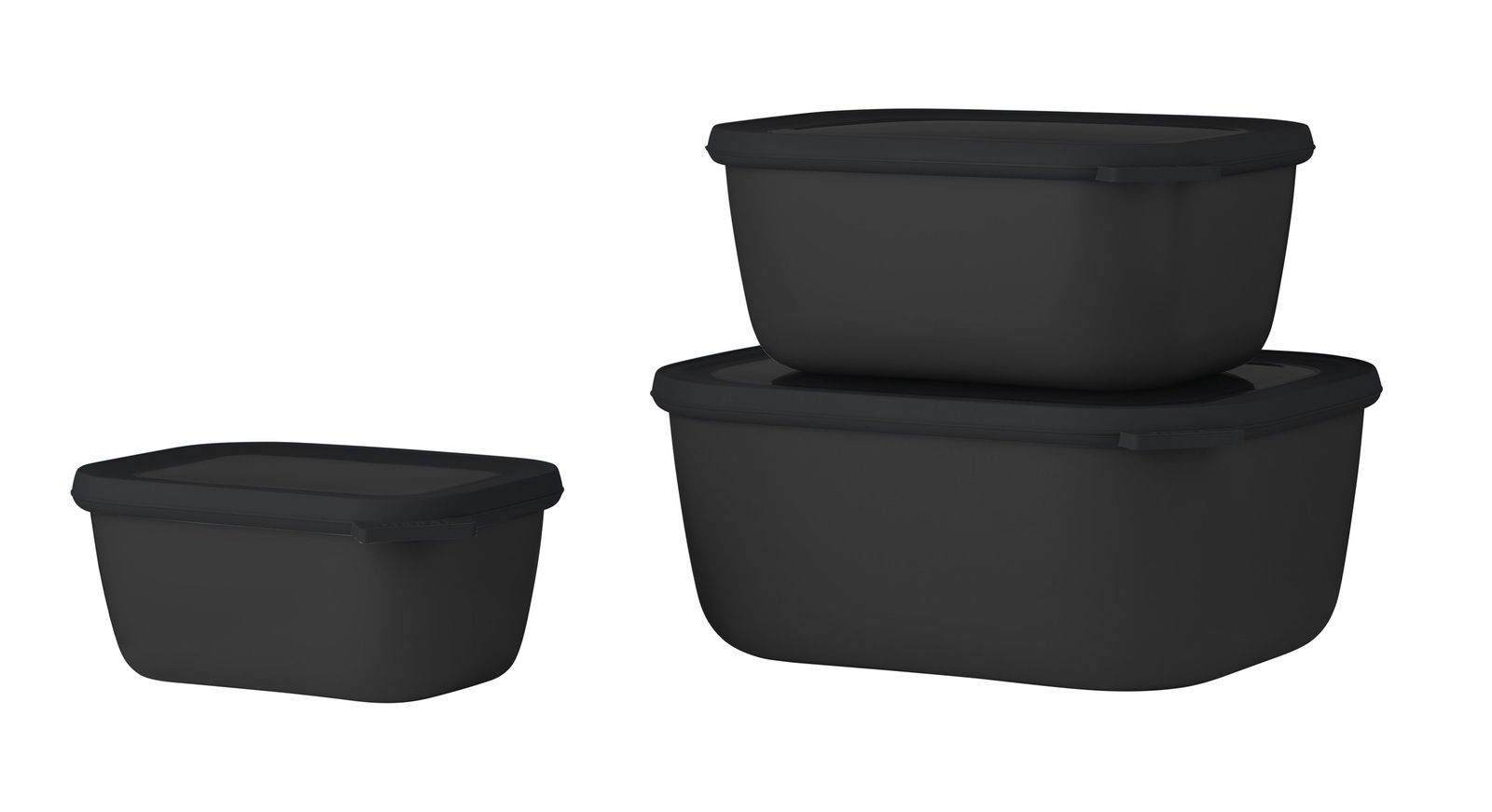 Mepal Vorratsdosen 3-tlg. CIRQULA Drei schwarze, rechteckige Aufbewahrungsboxen aus Kunststoff, gestapelt und nebeneinander, seitliche Perspektive