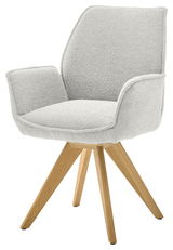 Moderner Armlehnstuhl mit hellgrauem Stoffbezug und Holzbeinen, seitliche Perspektive