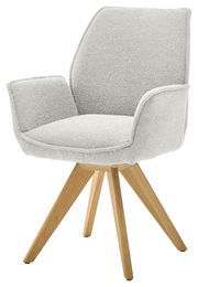 Moderner Armlehnstuhl mit hellgrauem Stoffbezug und Holzbeinen, seitliche Perspektive