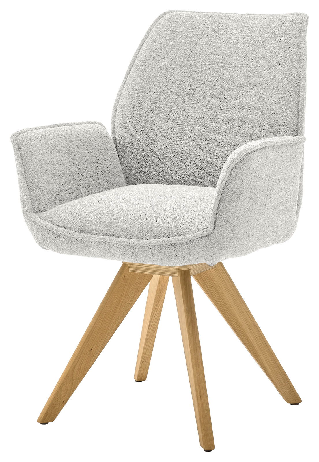 Moderner Armlehnstuhl mit hellgrauem Stoffbezug und Holzbeinen, seitliche Perspektive