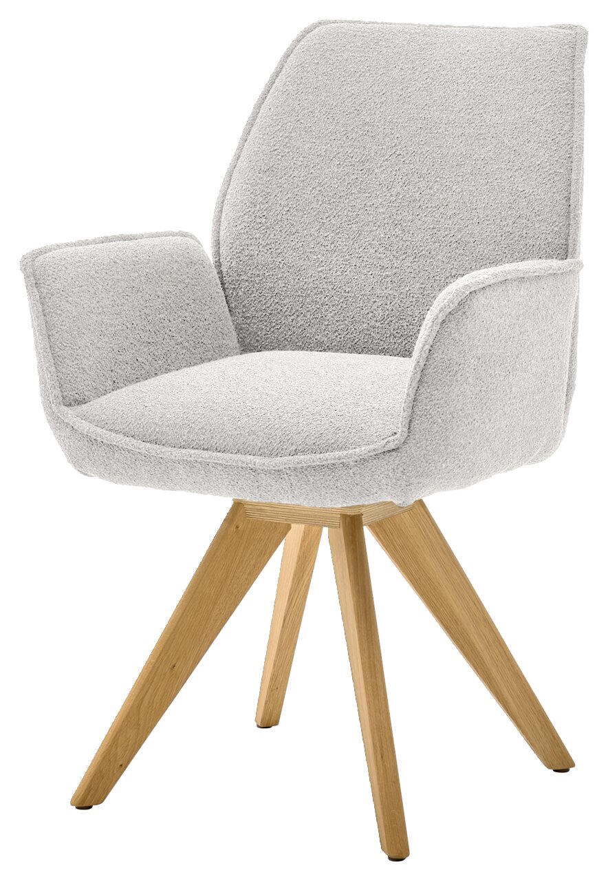 Moderner Armlehnstuhl mit hellgrauem Stoffbezug und Holzbeinen, seitliche Perspektive