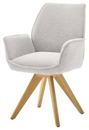 Moderner Armlehnstuhl mit hellgrauem Stoffbezug und Holzbeinen, seitliche Perspektive