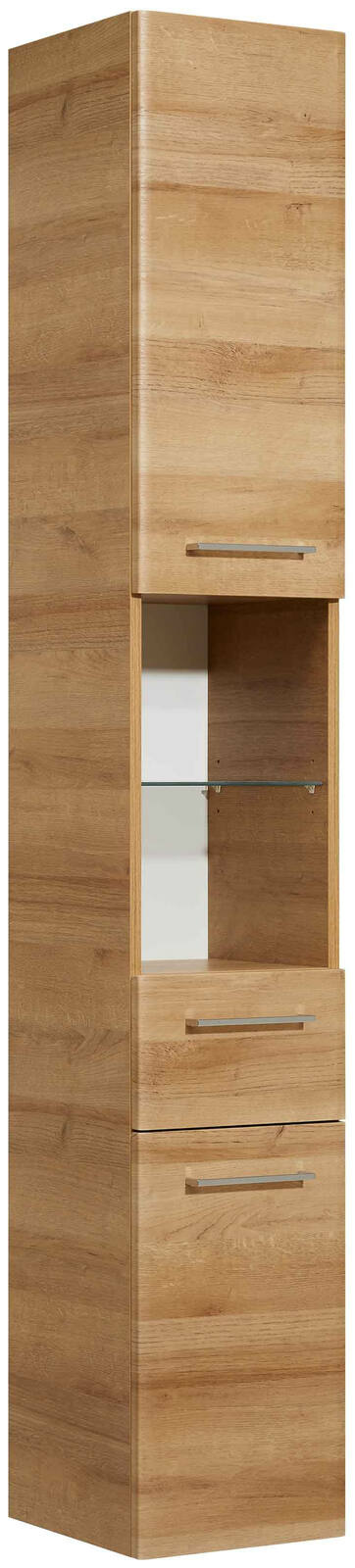 Hochschrank aus Holz mit zwei Schubladen und einem offenen Fach, Frontalansicht