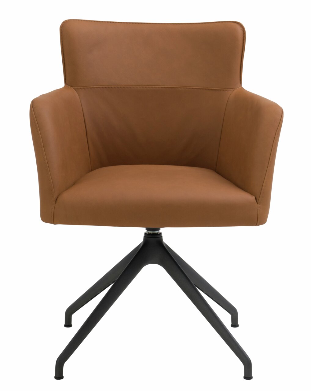 Moderner brauner Sessel mit schwarzem Metallgestell, Frontalansicht