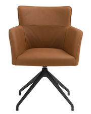 Moderner brauner Sessel mit schwarzem Metallgestell, Frontalansicht