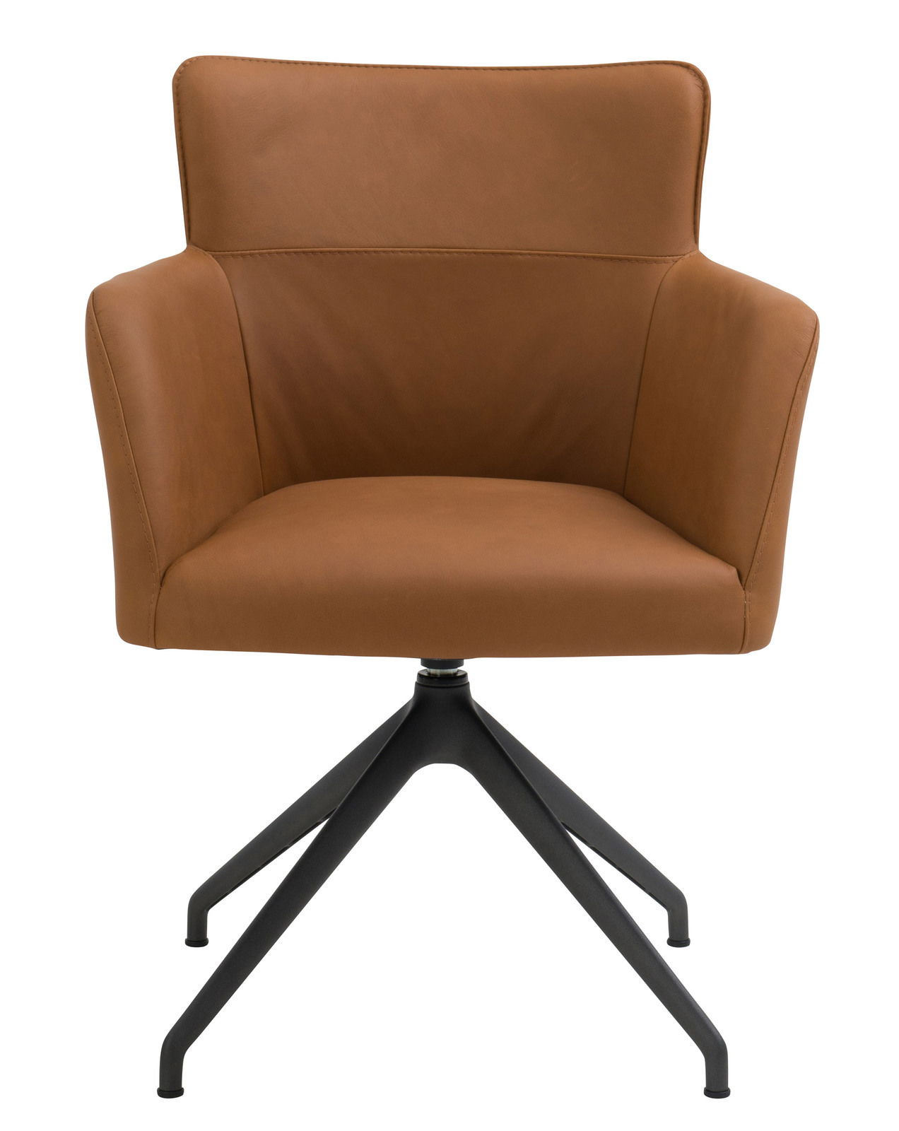 Moderner brauner Sessel mit schwarzem Metallgestell, Frontalansicht