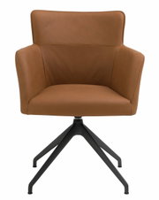 Moderne bruine fauteuil met zwart metalen frame, vooraanzicht
