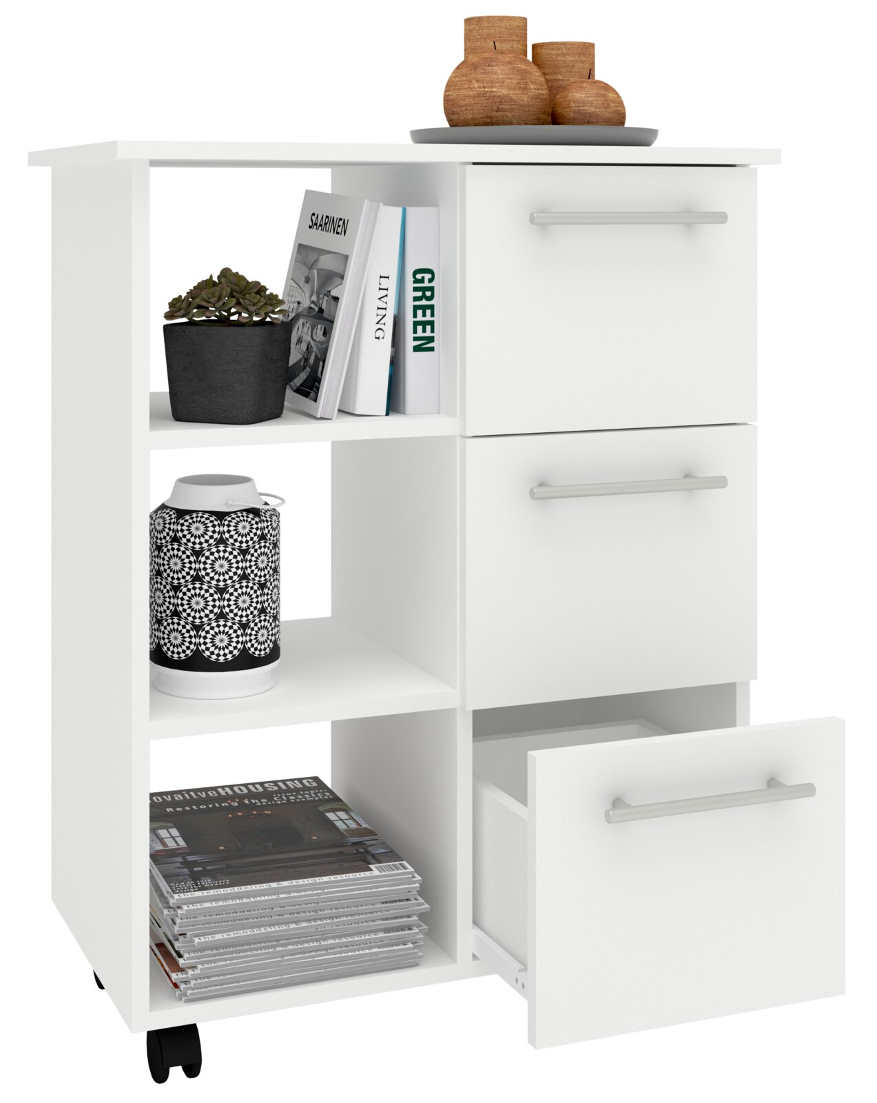 Weißer Rollcontainer/Beistellschrank mit drei Schubladen rechts und offenen Regalfächern links, teilweise geöffnete untere Schublade; Perspektive: frontale Ansicht leicht von links.