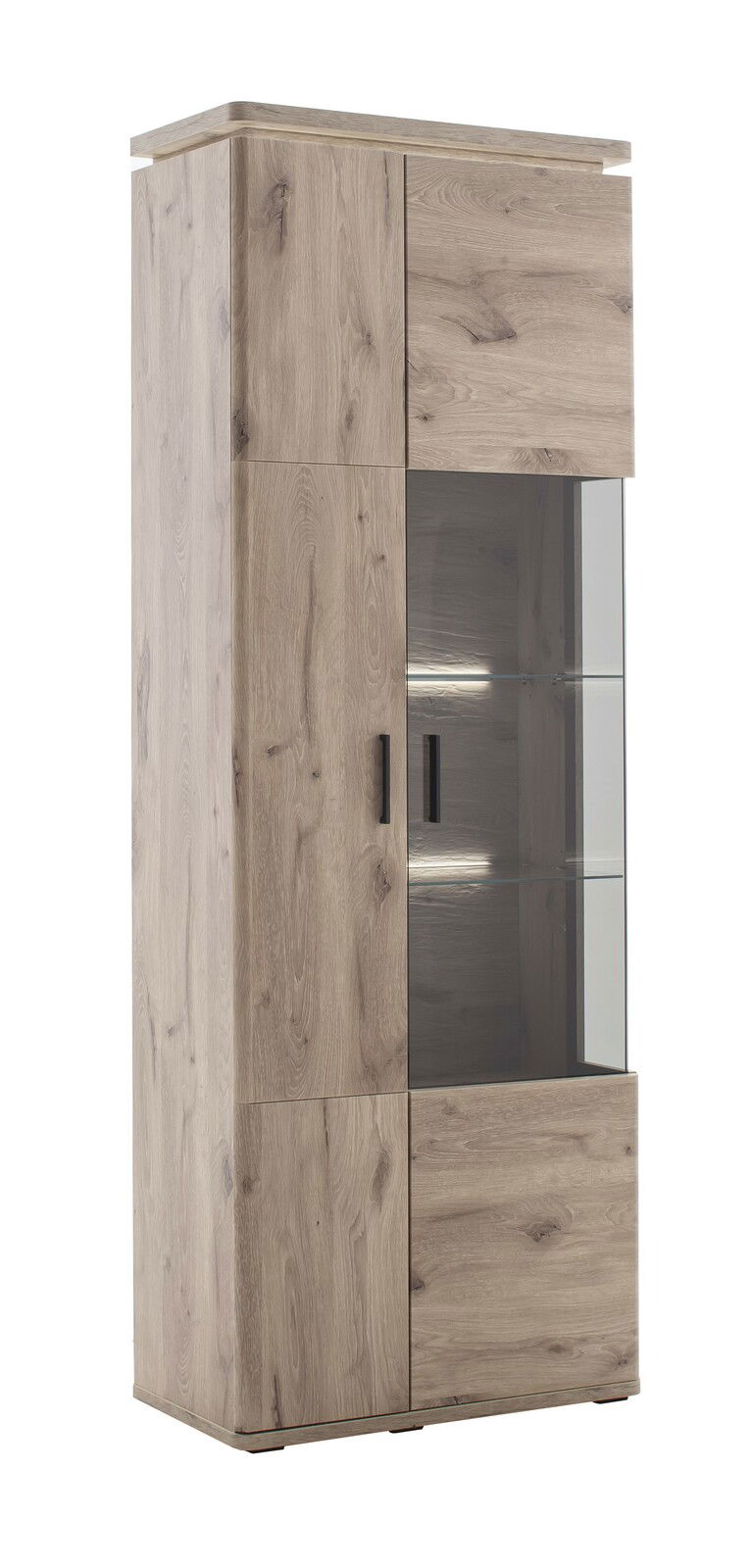 Kombi-Vitrine aus Holz mit Glaselementen, seitliche Perspektive