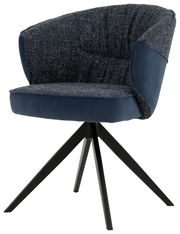 Moderner Armlehnstuhl mit blauem Stoffbezug und schwarzem Metallgestell, seitliche Perspektive