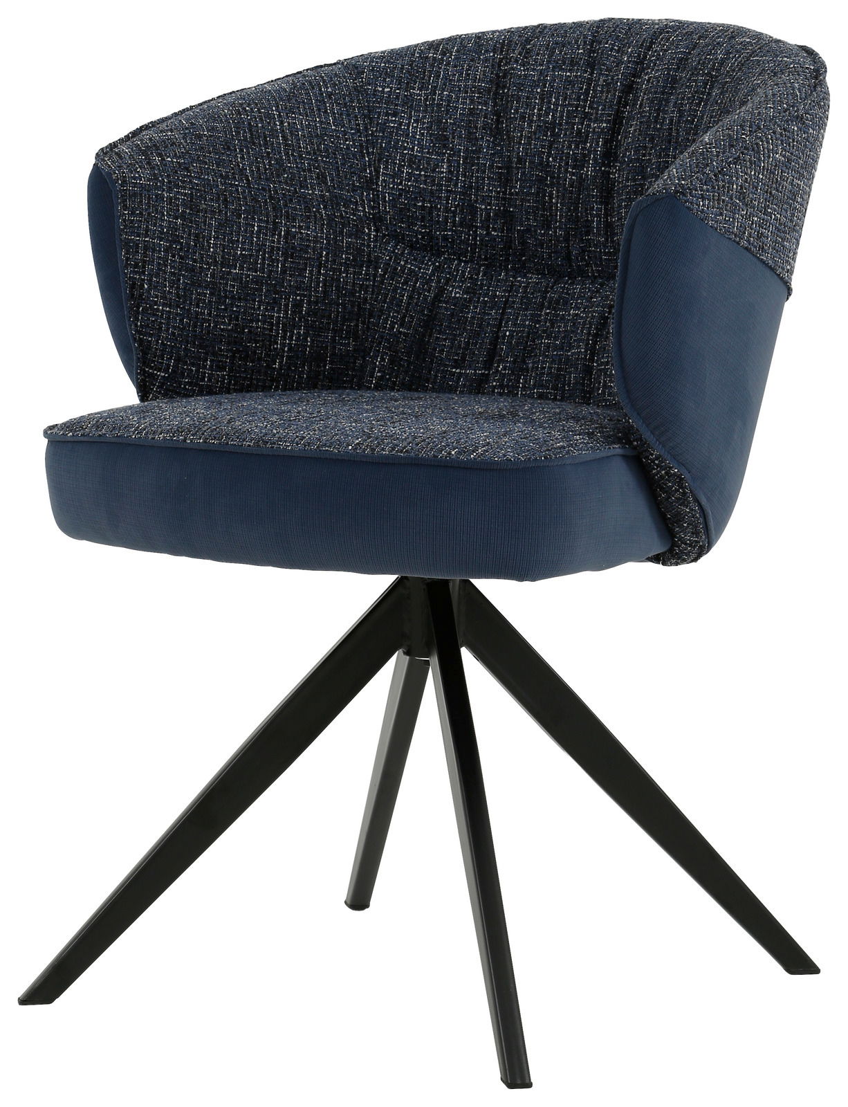 Moderner Armlehnstuhl mit blauem Stoffbezug und schwarzem Metallgestell, seitliche Perspektive