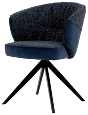 Moderne fauteuil met blauwe stoffen bekleding en zwart metalen frame, zijaanzicht