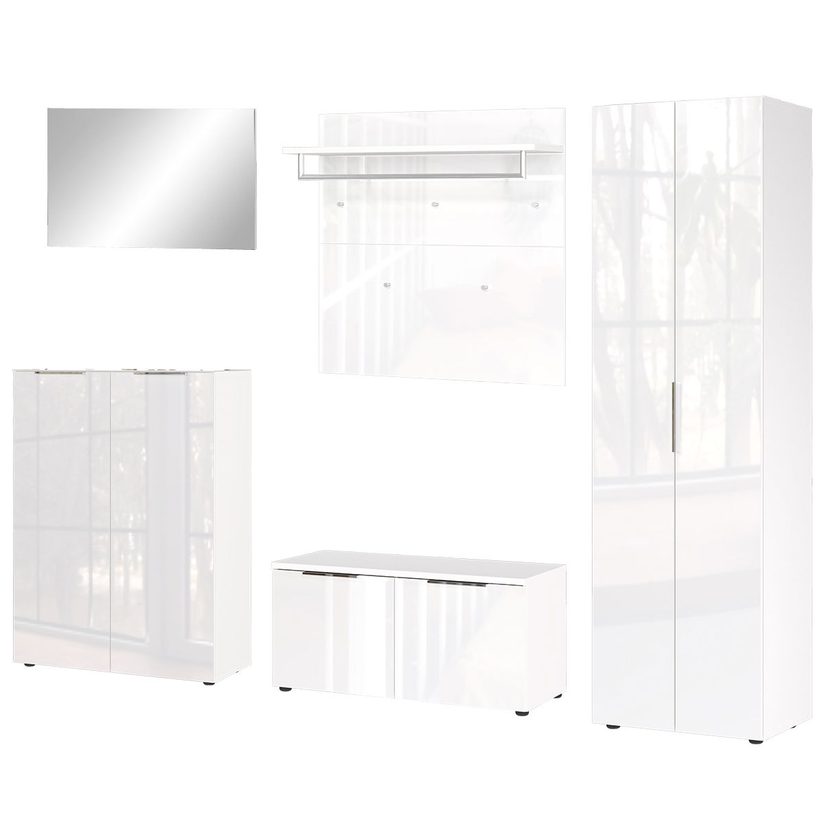 Garderobe Set 3 in Weiß, bestehend aus einem Spiegel, einer Wandgarderobe mit Haken und Ablage, einem hohen Schrank, einem Schuhschrank und einer Sitzbank, frontal abgebildet.