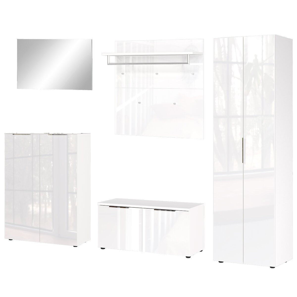 MID.YOU Garderoben-Set GENOVA Garderobe Set 3 in Weiß, bestehend aus einem Spiegel, einer Wandgarderobe mit Haken und Ablage, einem hohen Schrank, einem Schuhschrank und einer Sitzbank, frontal abgebildet.