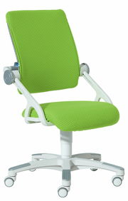 Grüner Drehstuhl mit weißem Gestell, seitliche Perspektive