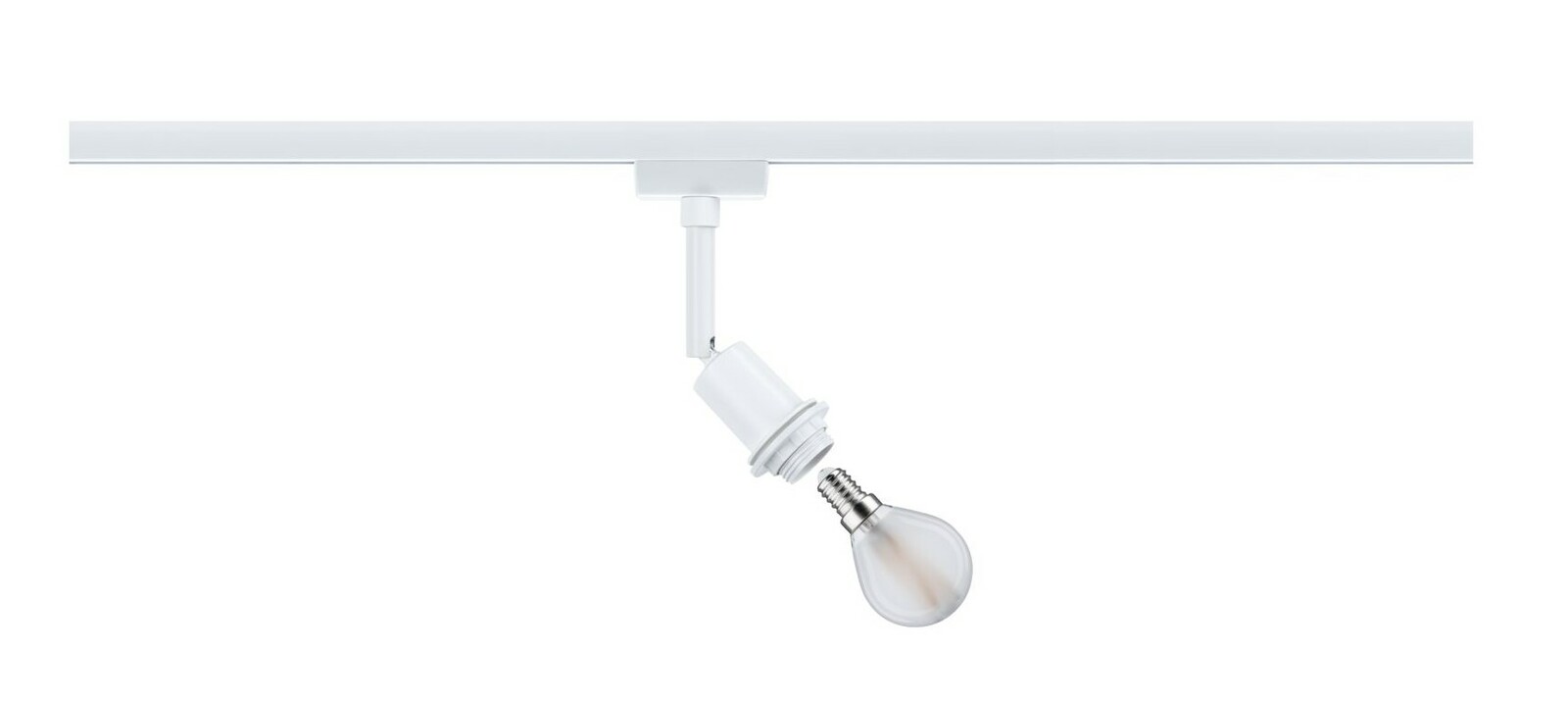 Weißer Basisspot für URail-System von Paulmann, seitliche Perspektive mit sichtbarer Glühbirne.
