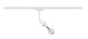 Weißer Basisspot für URail-System von Paulmann, seitliche Perspektive mit sichtbarer Glühbirne.