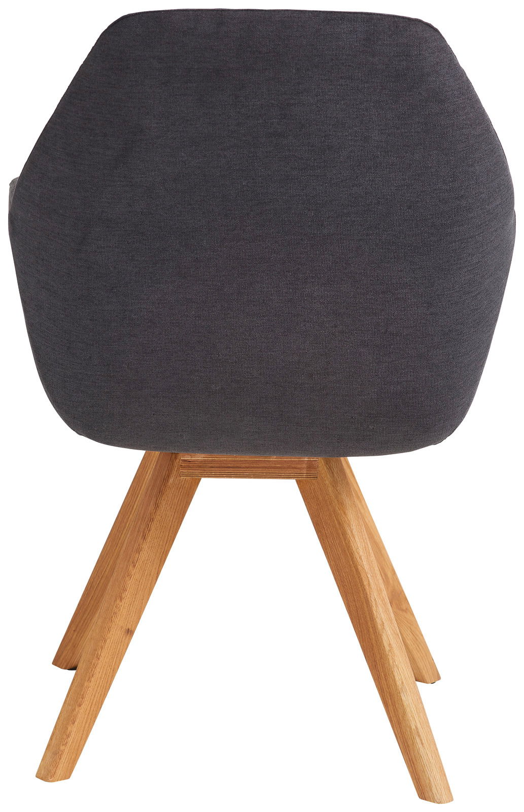 Rückansicht eines Sessels mit dunkelgrauem Stoffbezug und Holzbeinen
