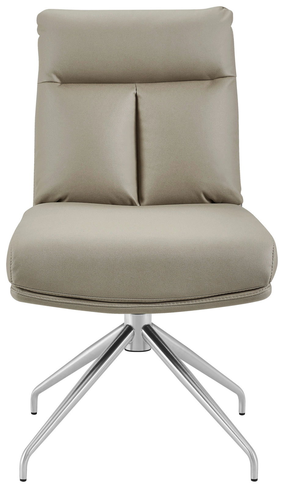 Moderner Stuhl mit gepolsterter Rückenlehne und Sitzfläche, silbernem Drehgestell, Frontalansicht