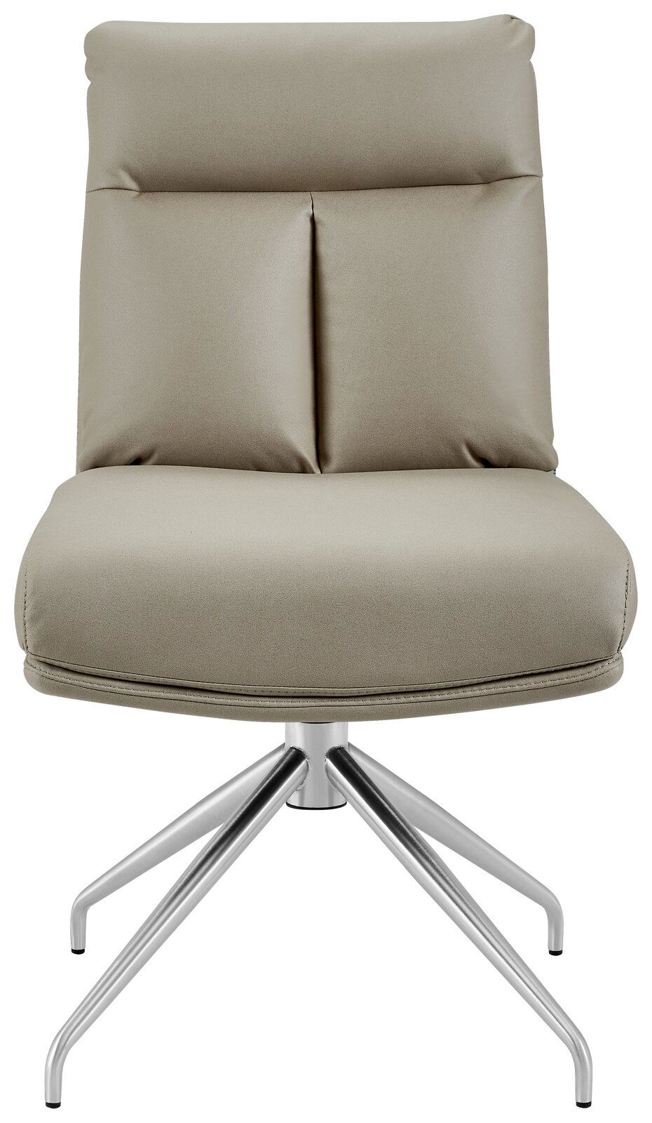 Moderner Stuhl mit gepolsterter Rückenlehne und Sitzfläche, silbernem Drehgestell, Frontalansicht