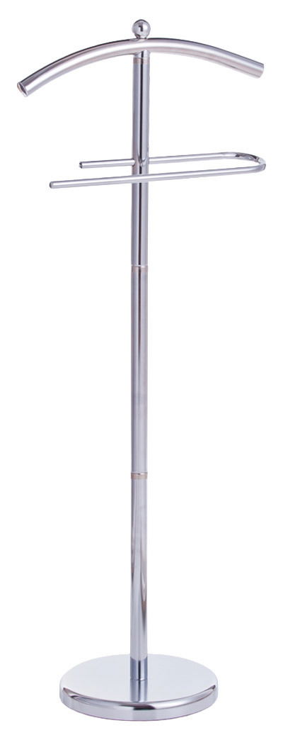 Moderner Herrendiener aus Metall in Frontalansicht mit Kleiderbügel und Hosenstange.