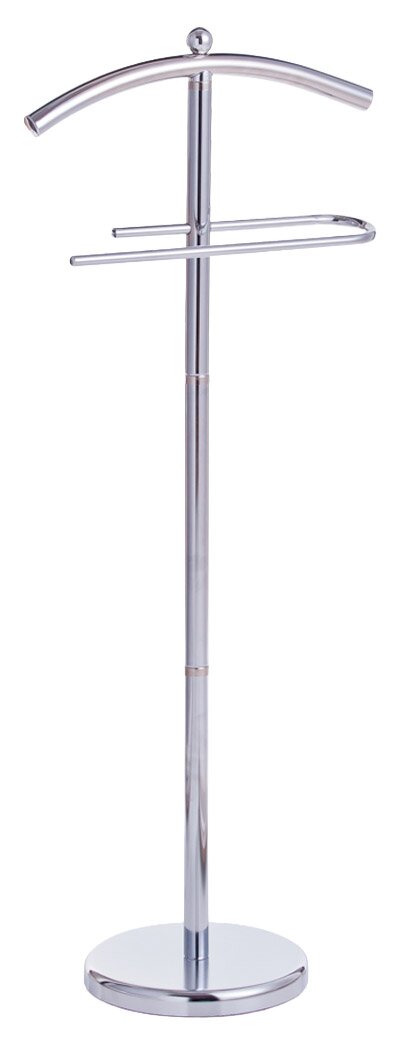 Moderner Herrendiener aus Metall in Frontalansicht mit Kleiderbügel und Hosenstange.