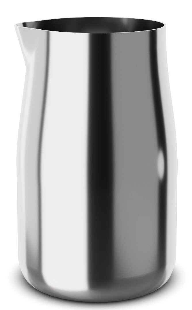 Silberner Milchkrug aus Edelstahl, frontal fotografiert