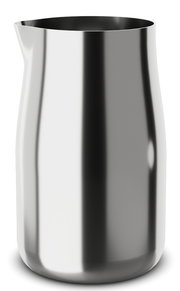 Silberner Milchkrug aus Edelstahl, frontal fotografiert