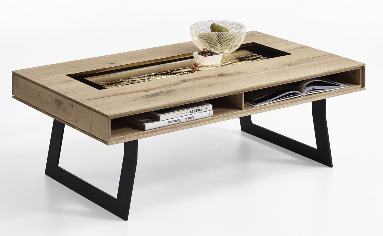 Moderner Couchtisch aus Holz mit schwarzem Metallgestell, seitliche Perspektive