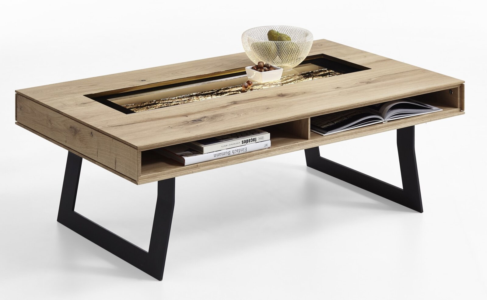 Moderner Couchtisch aus Holz mit schwarzem Metallgestell, seitliche Perspektive