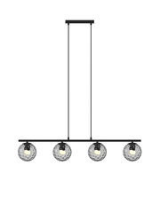Moderne Hängeleuchte mit vier kugelförmigen, strukturierten Glaskörpern, frontal betrachtet.