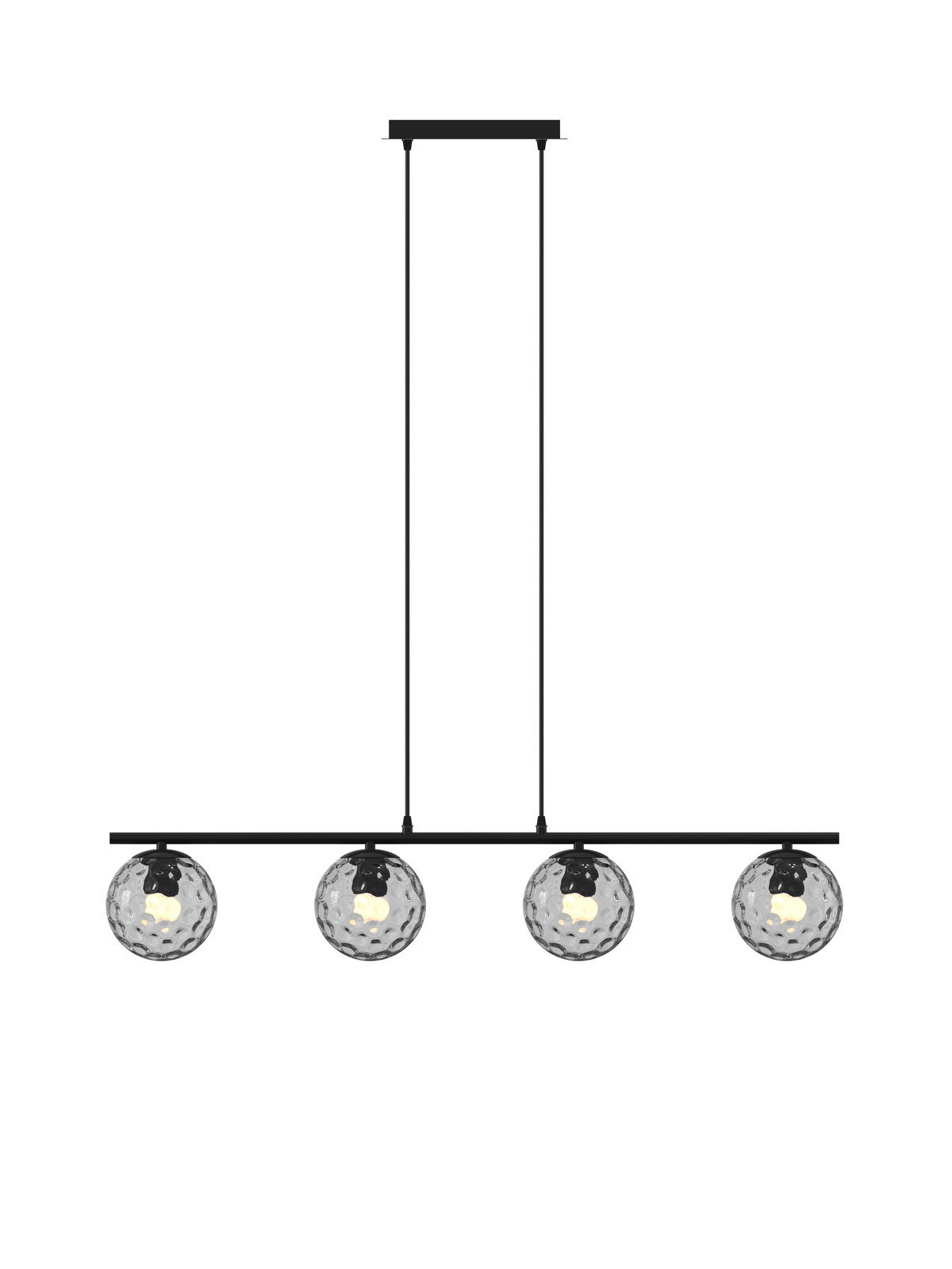 Moderne Hängeleuchte mit vier kugelförmigen, strukturierten Glaskörpern, frontal betrachtet.
