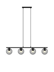 Moderne hanglamp met vier bolvormige, gestructureerde glazen elementen, gezien vanaf de voorkant.