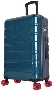 Glanzende blauwe hardcase reiskoffer met uitschuifbare trekstang, rood ritsdetail, TSA-cijferslot en vier rode zwenkwielen, gefotografeerd in driekwart zijaanzicht op witte achtergrond