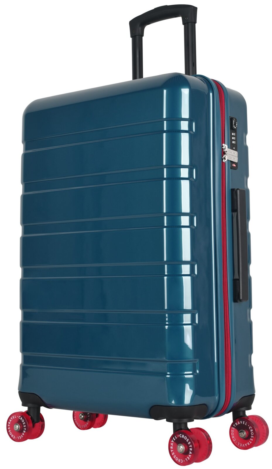 Glanzende blauwe hardcase reiskoffer met uitschuifbare trekstang, rood ritsdetail, TSA-cijferslot en vier rode zwenkwielen, gefotografeerd in driekwart zijaanzicht op witte achtergrond