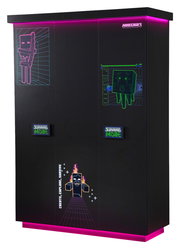 Schwarzer dreitüriger Kleiderschrank mit Minecraft-Motiven und pinker LED-Beleuchtung, Frontalansicht