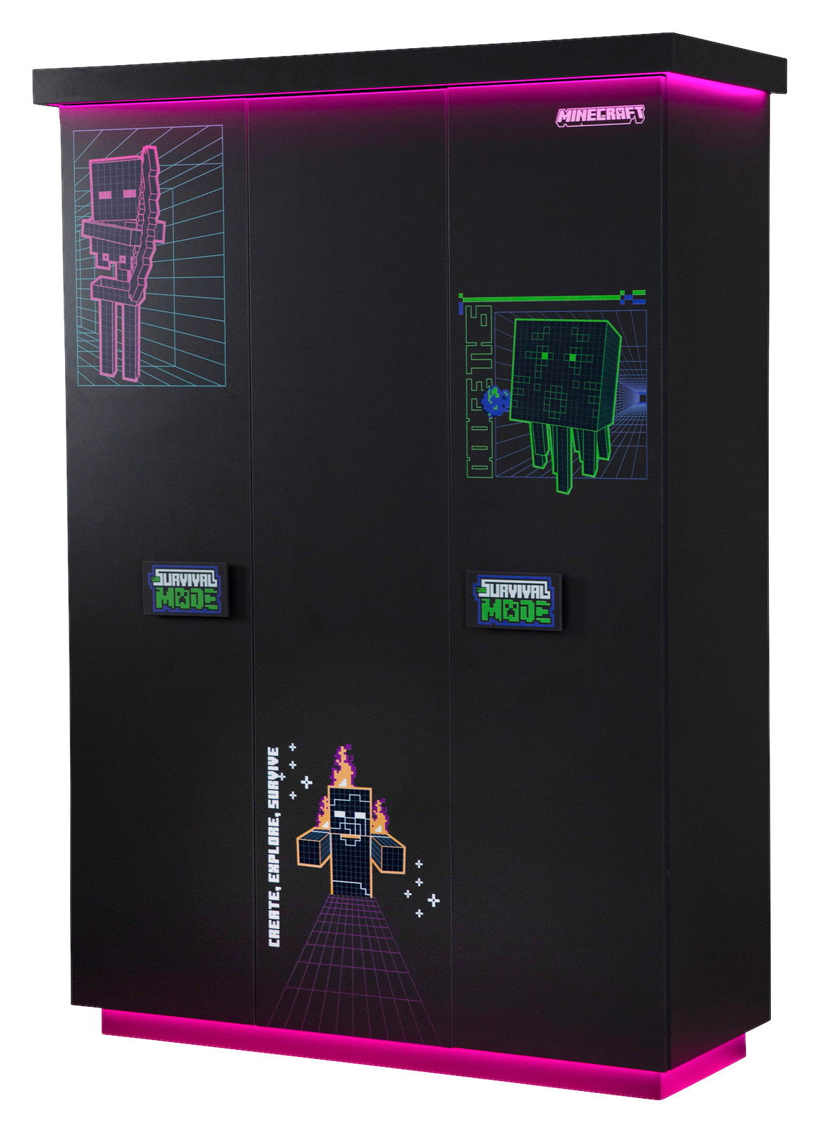Schwarzer dreitüriger Kleiderschrank mit Minecraft-Motiven und pinker LED-Beleuchtung, Frontalansicht