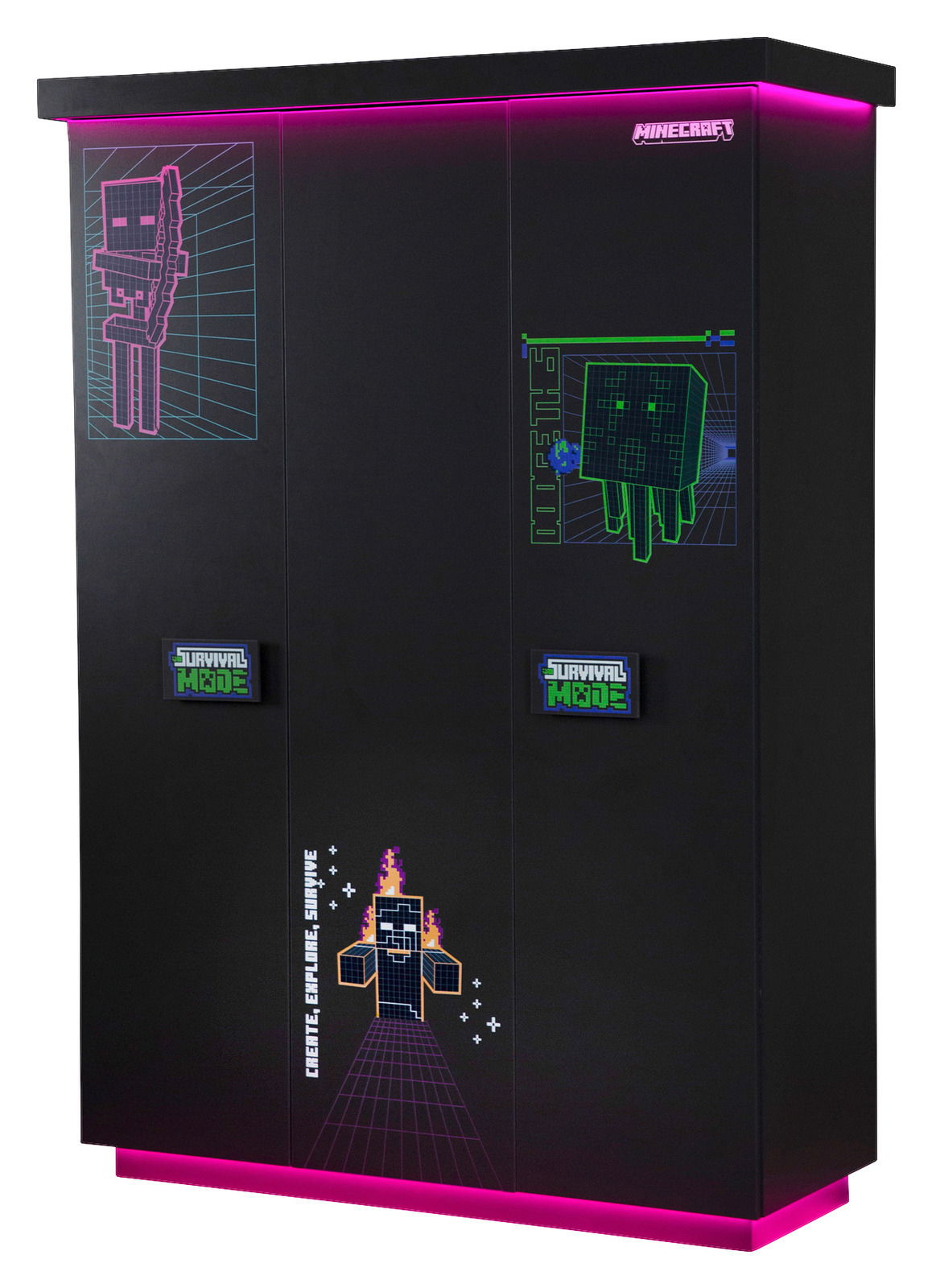 Schwarzer dreitüriger Kleiderschrank mit Minecraft-Motiven und pinker LED-Beleuchtung, Frontalansicht
