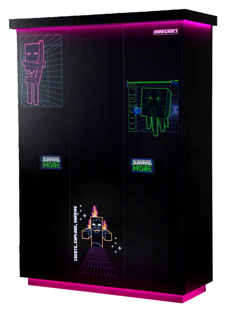 Schwarzer dreitüriger Kleiderschrank mit Minecraft-Motiven und pinker LED-Beleuchtung, Frontalansicht