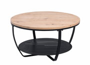 Runder Couchtisch mit Holzplatte und schwarzem Metallgestell, seitliche Perspektive