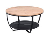Runder Couchtisch mit Holzplatte und schwarzem Metallgestell, seitliche Perspektive