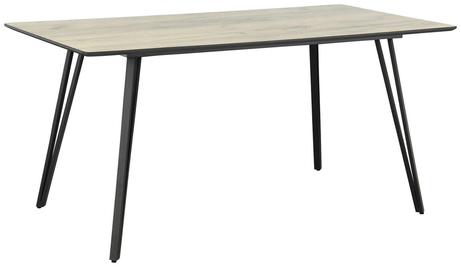 Moderner Esstisch mit heller Holzplatte und schwarzen Metallbeinen, seitliche Perspektive