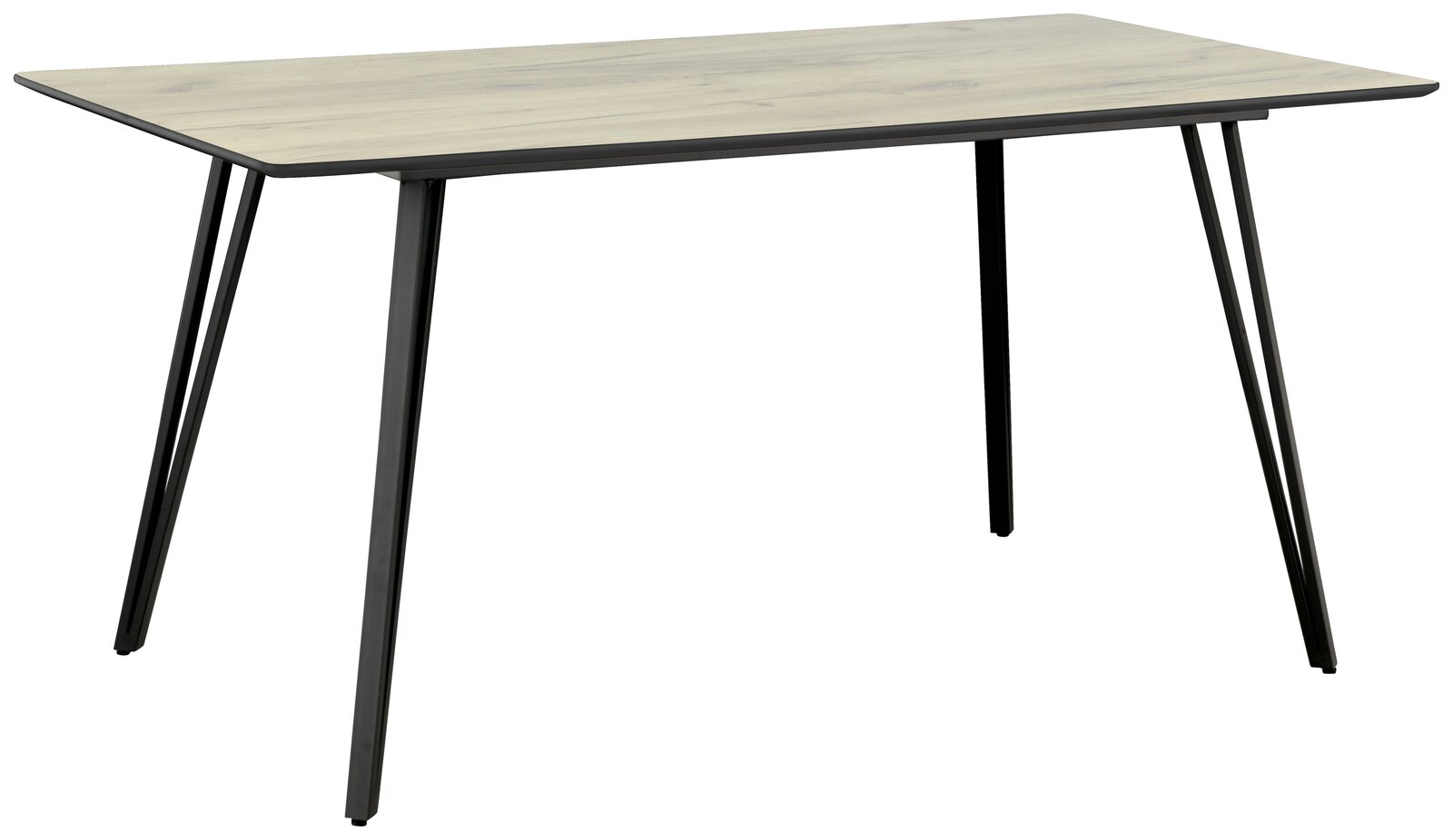 Moderner Esstisch mit heller Holzplatte und schwarzen Metallbeinen, seitliche Perspektive