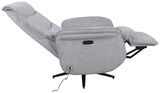 Grauer, drehbarer Relaxsessel in seitlicher Perspektive mit ausgeklappter Fußstütze.