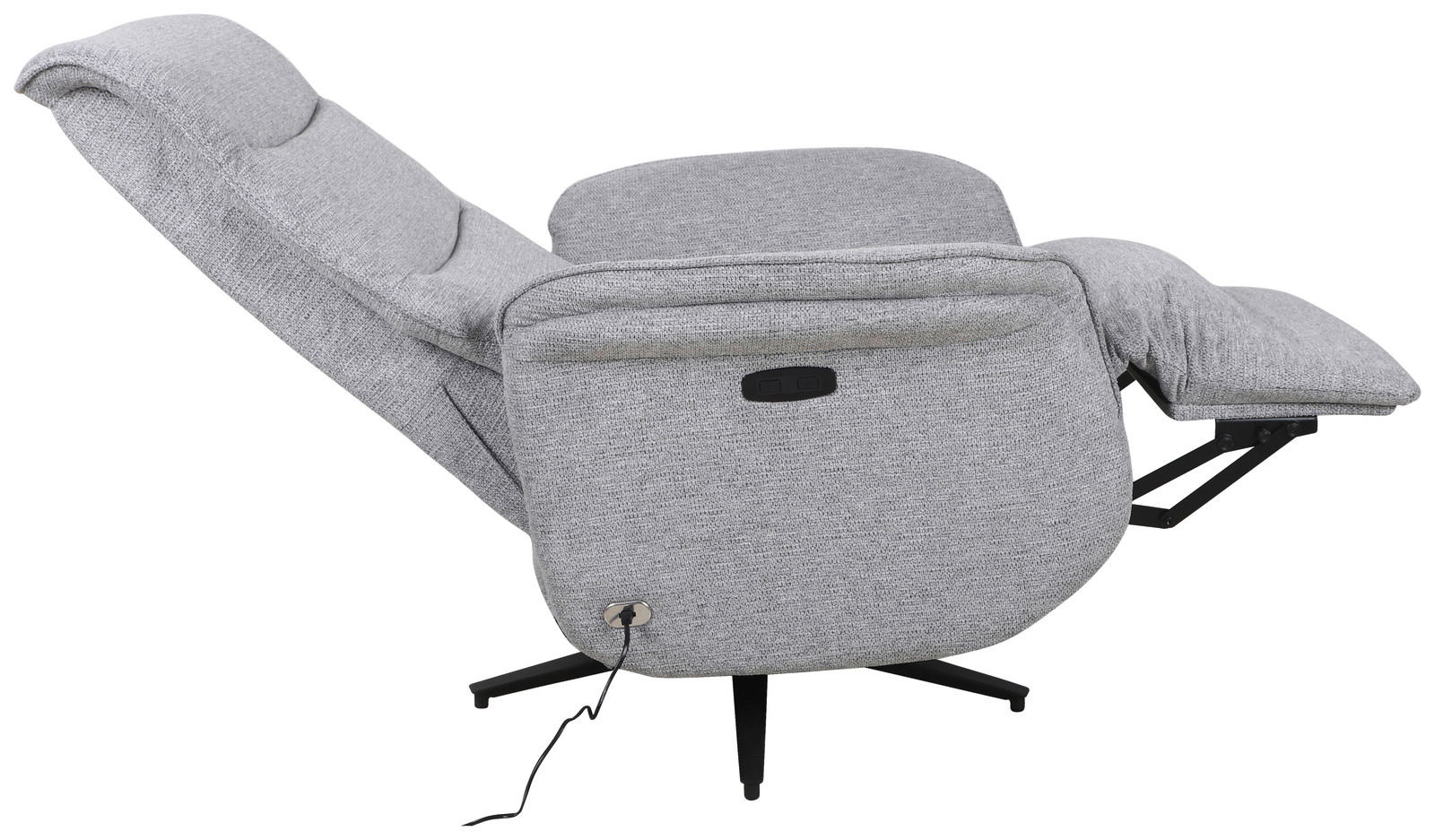 Grauer, drehbarer Relaxsessel in seitlicher Perspektive mit ausgeklappter Fußstütze.