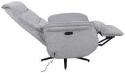 Grauer, drehbarer Relaxsessel in seitlicher Perspektive mit ausgeklappter Fußstütze.